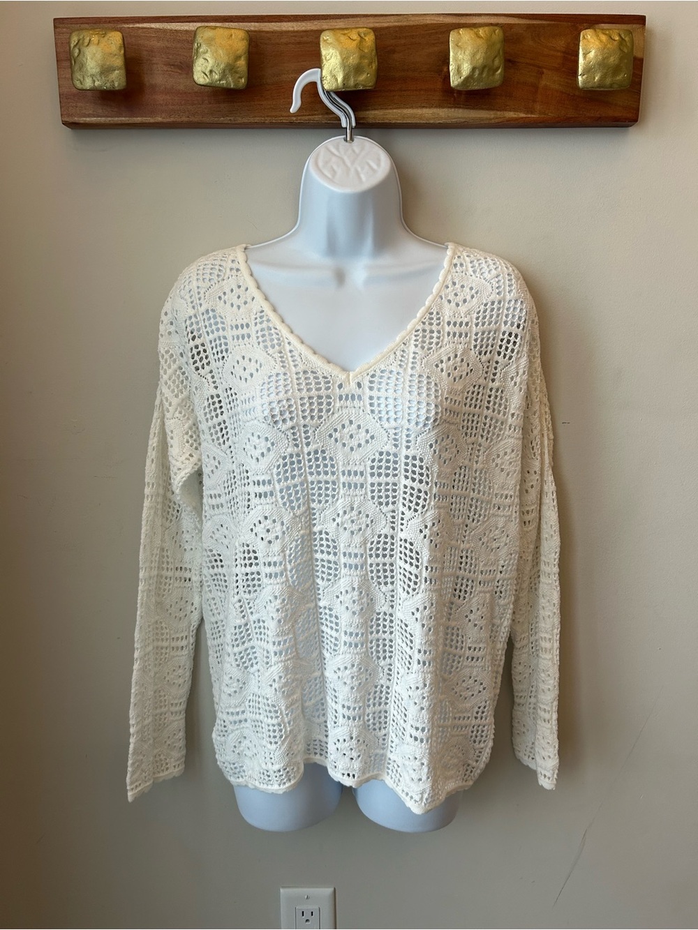 BNWT 🏷️ Carré Noir 100% COTTON Crochet V-Neck Sweater Knit Pullover Cream